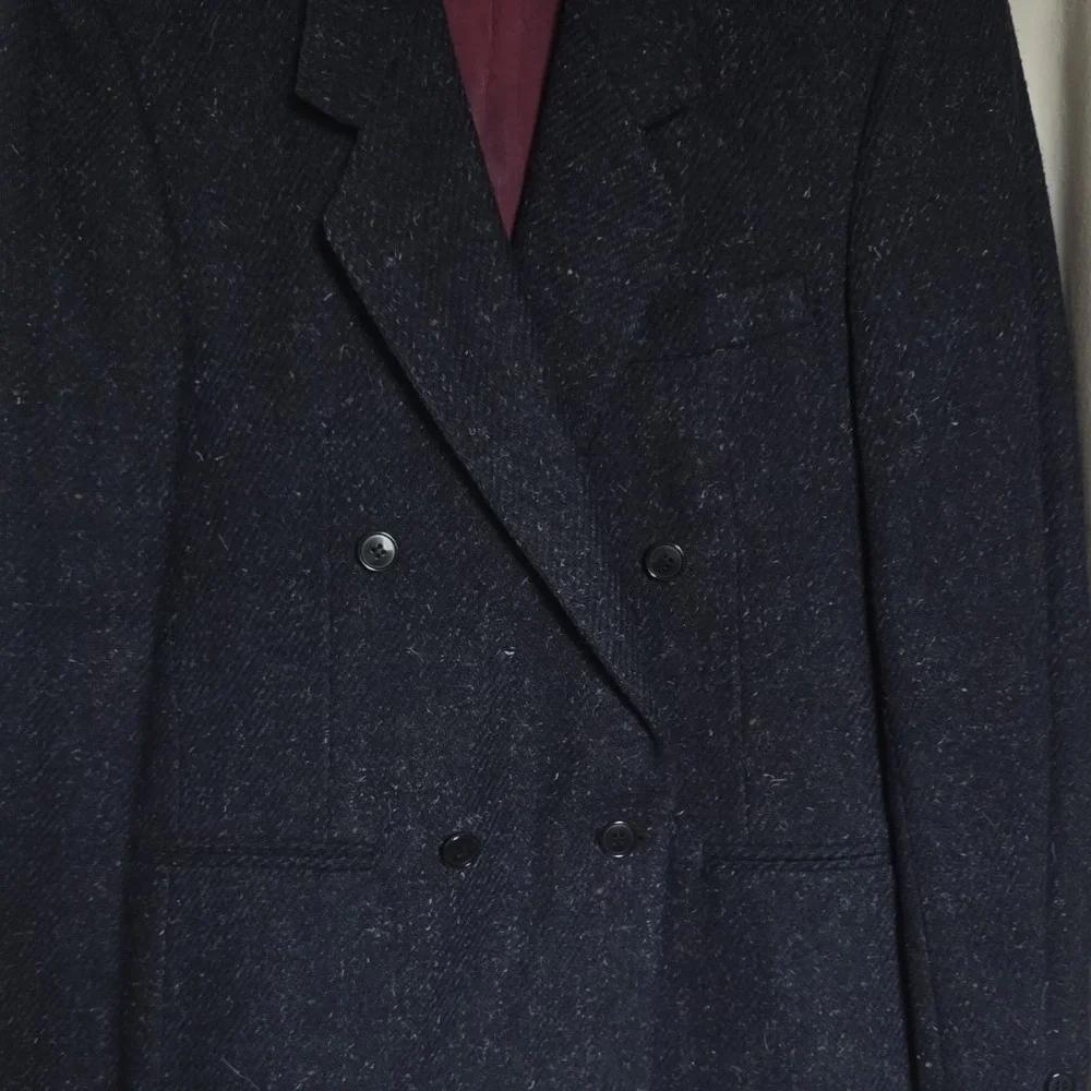 Webster Wool Tweed Dark Blue Herringbone Unisex Double-Breasted Blazer